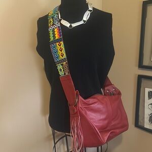 Red Leather Crossbody Bag with Colorful Strap